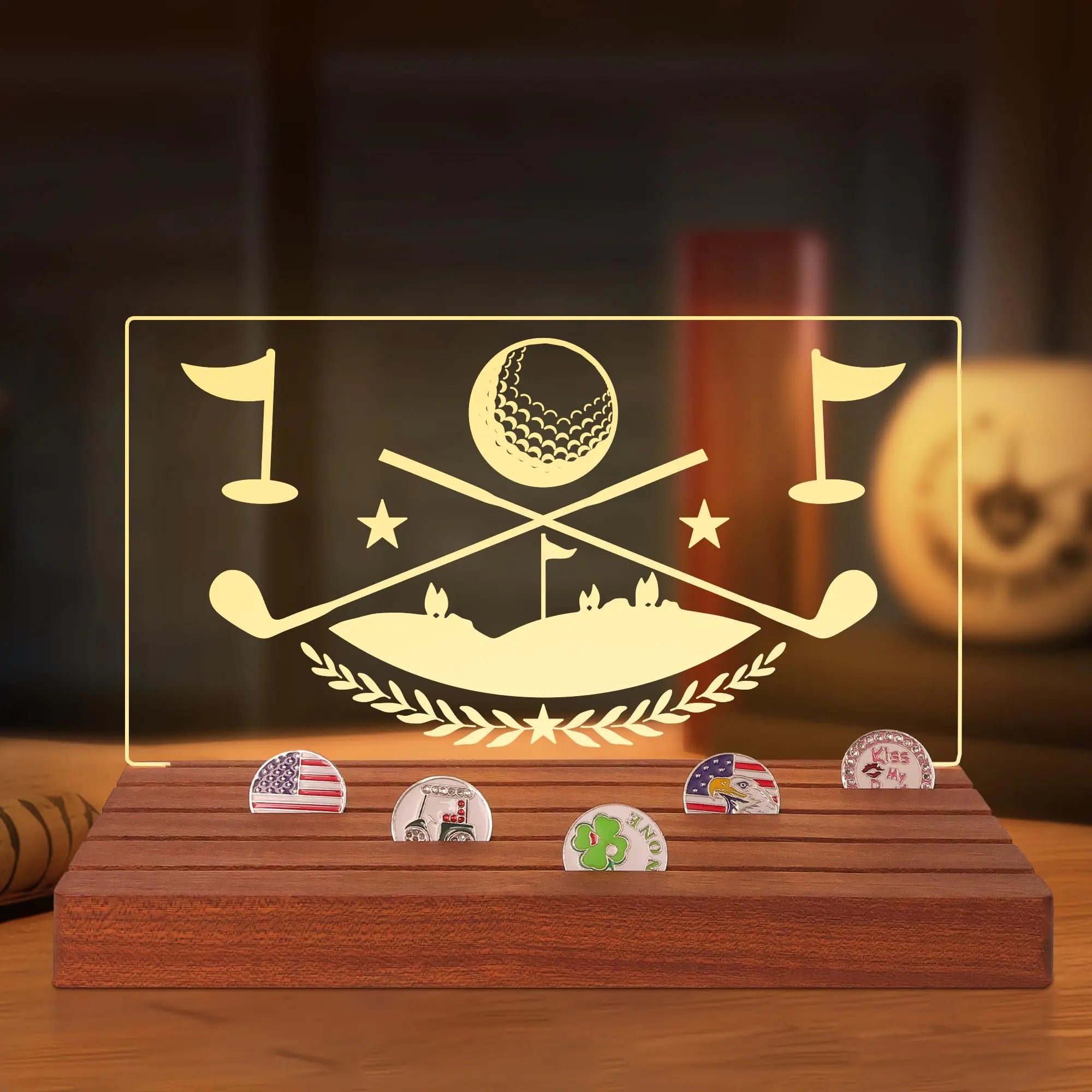 CoolGift Mart Light Up Golf Ball Marker Display Wooden  with Warm White Color Lights