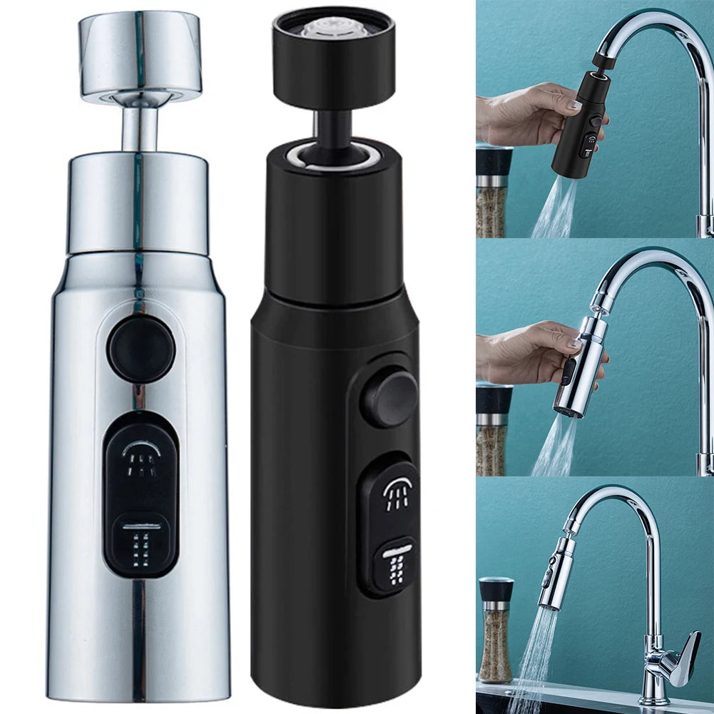 360° Rotatable Faucet Extender showing the splash-proof nozzle and overall design.
