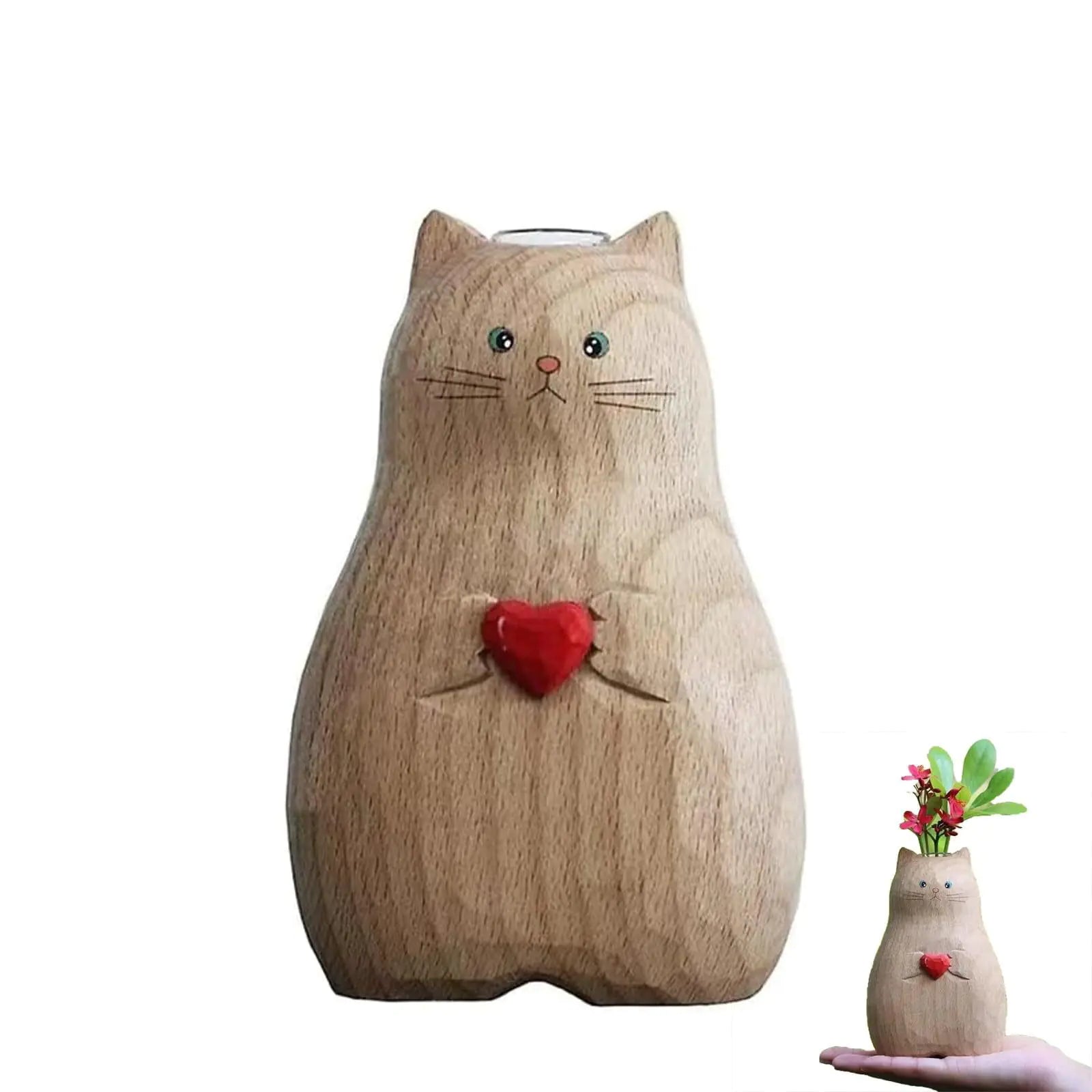 Handmade Wooden Cat Vase - Creative Craft Decor