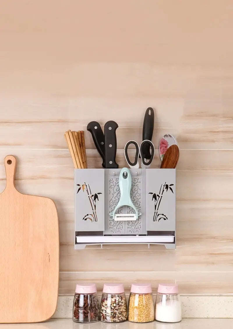 Wall-Mounted Kitchen Utensil Holder with Drainage Basket