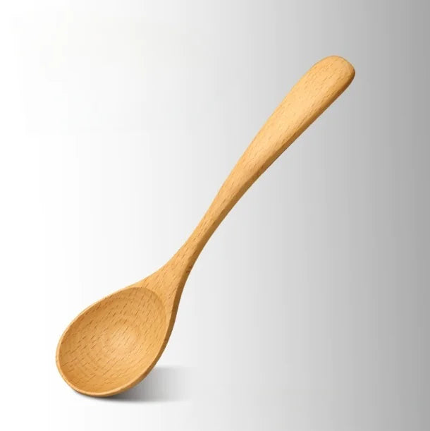 Full view of the 5-piece wooden spoon set with long handles, ideal for non-stick cookware.
