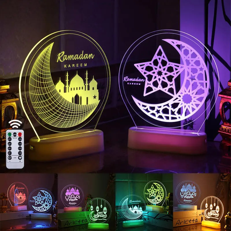 3D Illusion Ramadan Mubarak LED Night Light with Remote – Crescent & Mosque Decor
