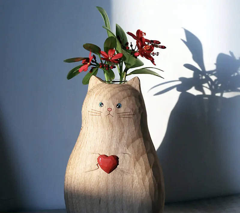 Handmade Wooden Cat Vase - Creative Craft Decor