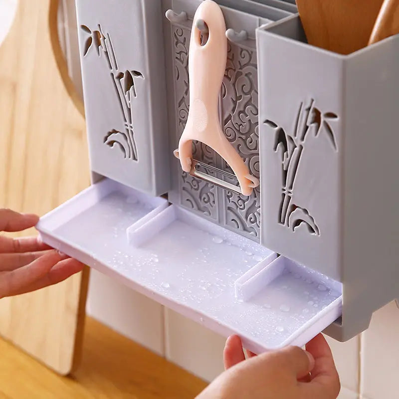 Wall-Mounted Kitchen Utensil Holder with Drainage Basket