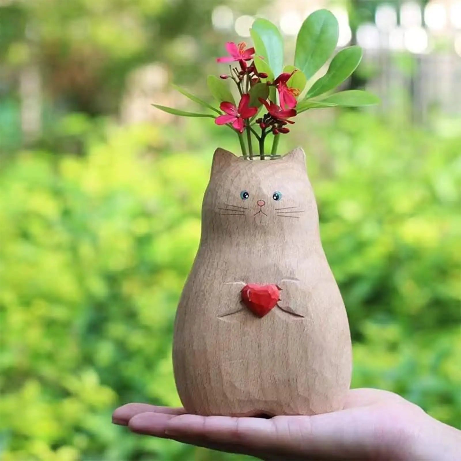 Handmade Wooden Cat Vase - Creative Craft Decor