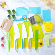 Colorful plastic kitchen tools set for kids, showcasing various utensils including a spatula, spoon, and rolling pin.