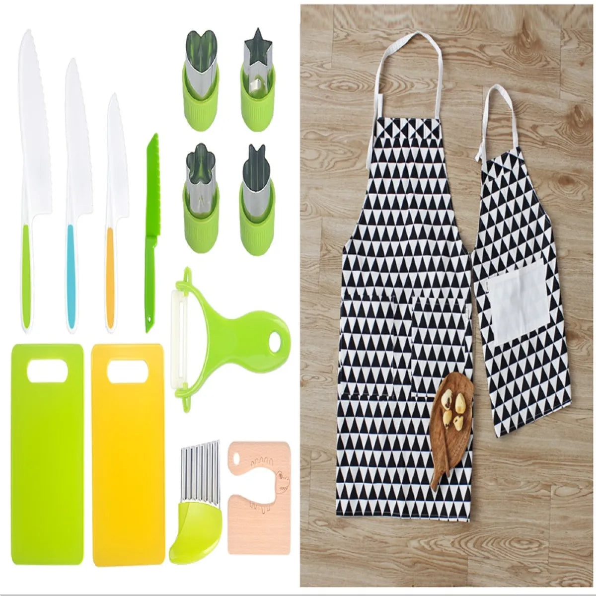  Packaging view of the Children’s Plastic Kitchen Tools Set, ready for gift-giving.
