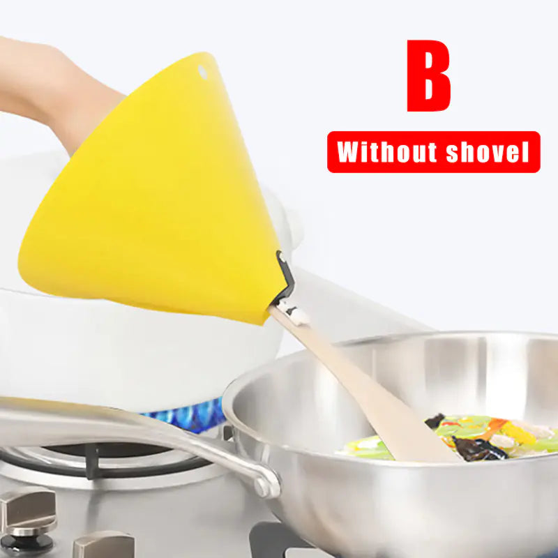 The Creative Kitchen Tools Set in use, protecting from oil splashes while frying on the stove.

