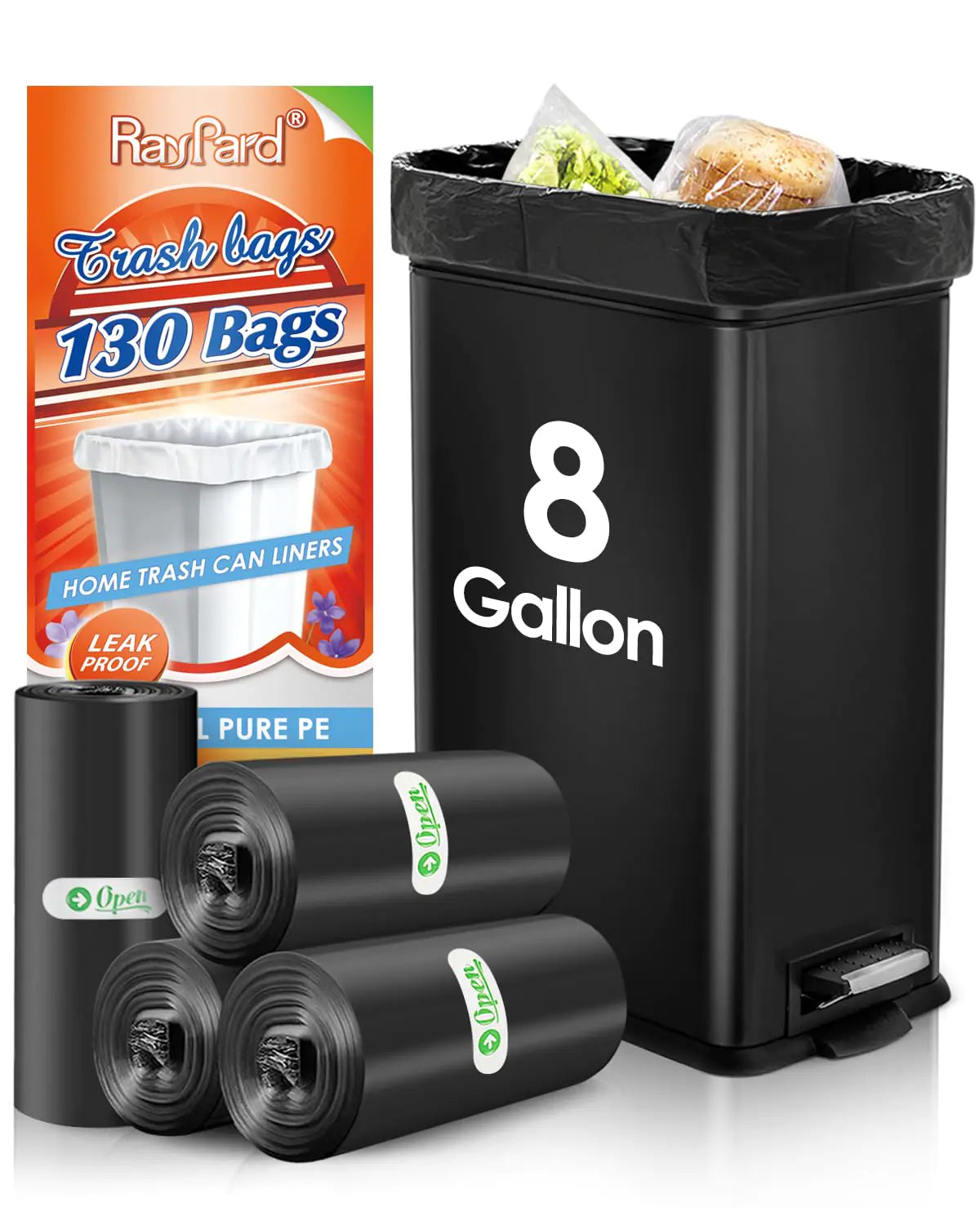 RayPard 8-Gallon Black Trash Bags - 130 Count