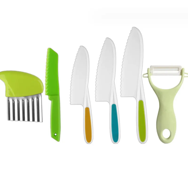 Easy-to-clean plastic kitchen tools shown after use, with simple cleaning instructions for parents.