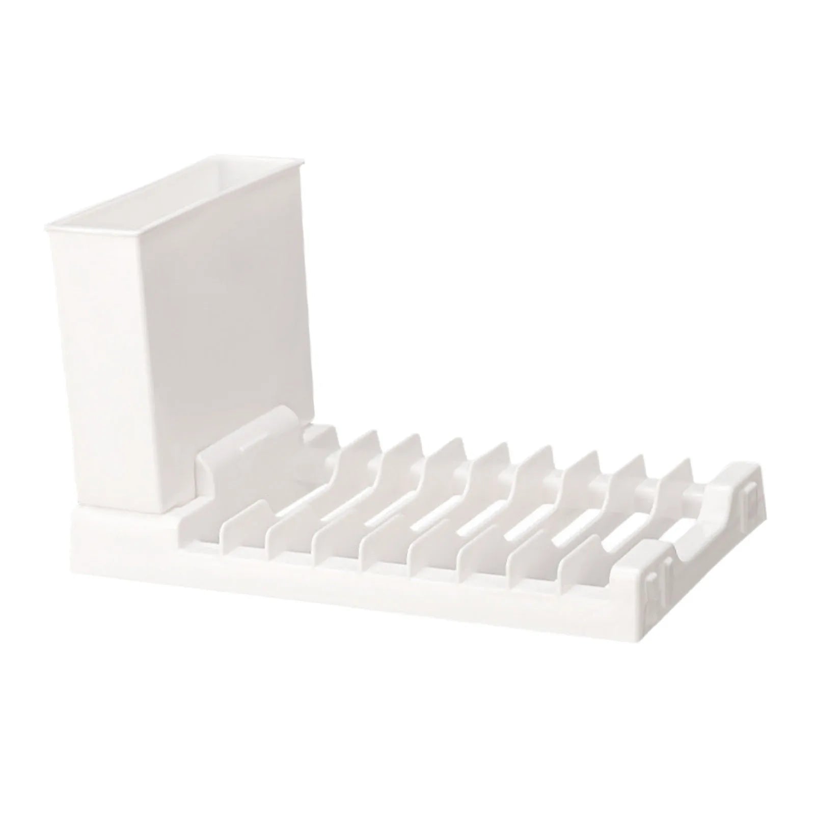 The foldable dish drying rack stored flat, demonstrating the compact design ideal for kitchens with limited counter space.