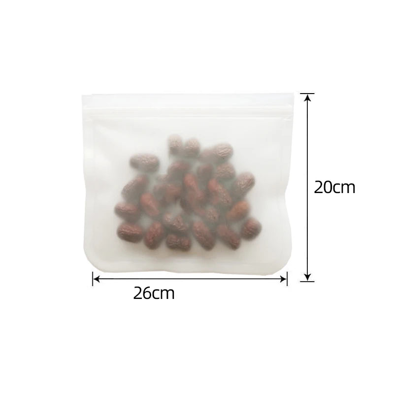 Packaging of reusable silicone food storage bags, highlighting their eco-friendly nature.
