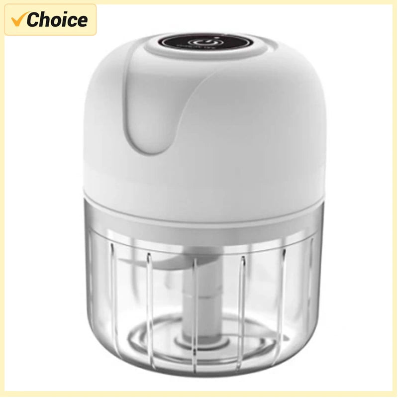 Full view of Electric Garlic Chopper showing its compact design, USB charging port, and easy-to-use button.
