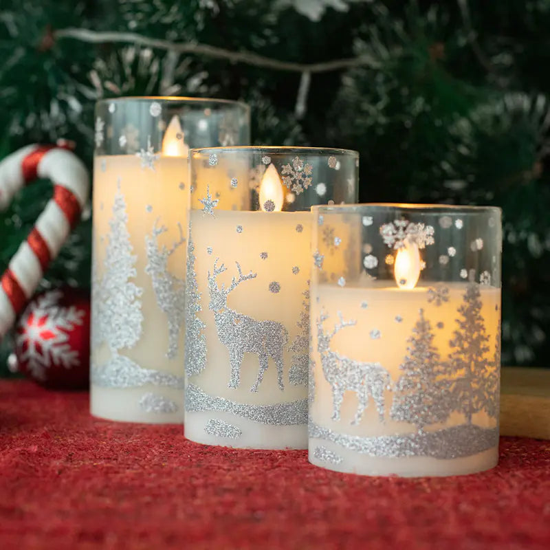 LED Glass Candles with Christmas Design in Glass Cups
