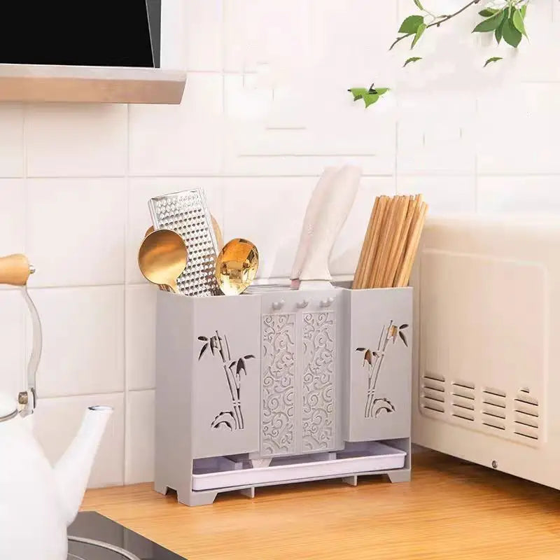 Wall-Mounted Kitchen Utensil Holder with Drainage Basket