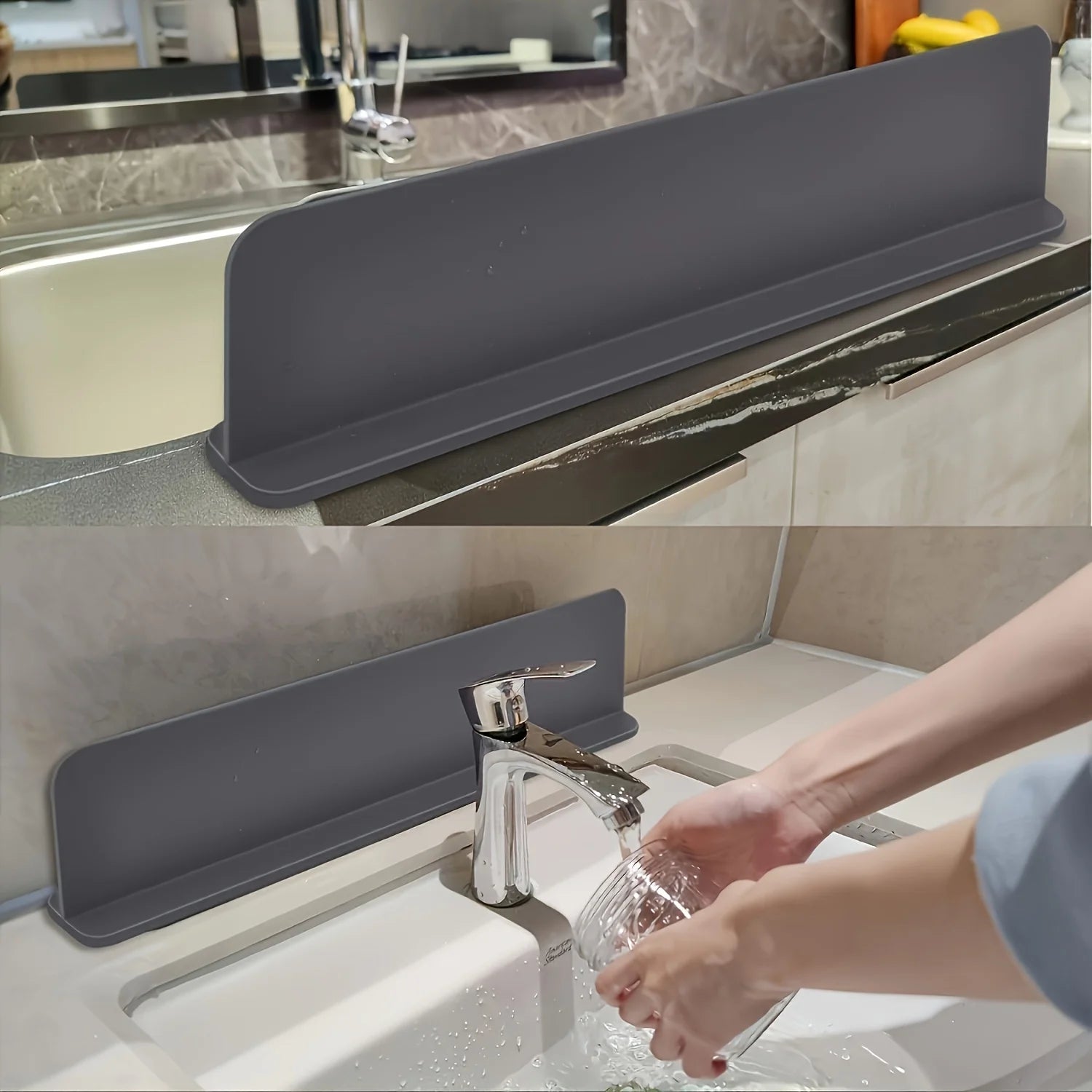 Silicone sink splash guard installed on kitchen sink edge preventing water spills.
