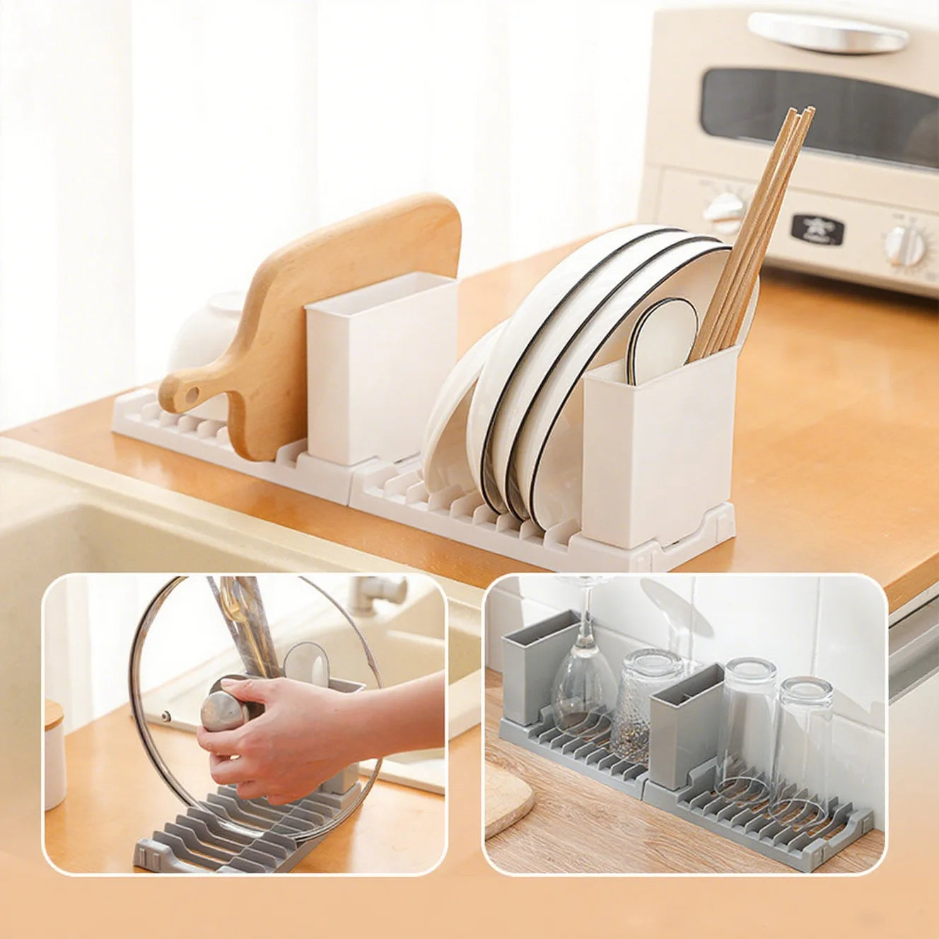 Close-up view of the integrated utensil holder of the foldable dish drying rack, designed to store cutlery, forks, and knives.