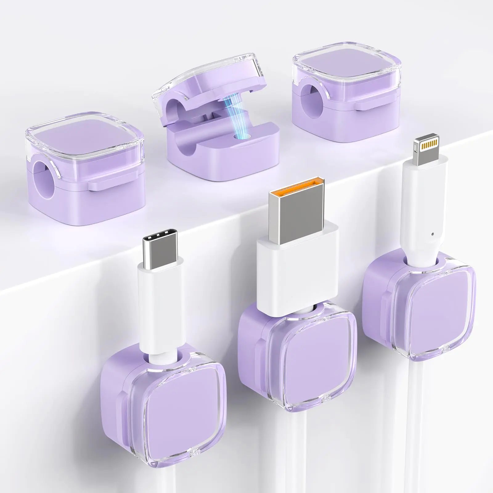 Magnetic Cable Clips – 6 Pack Cord Organizer for Desk & Home (Clear Purple)