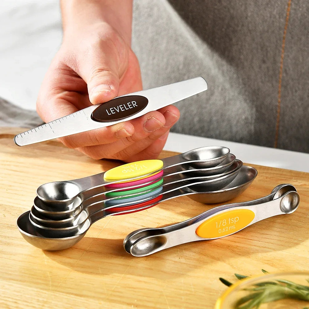 Measuring spoons in use for baking ingredients in the kitchen
