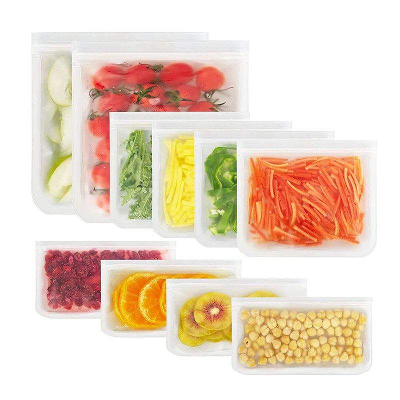 A multipack of reusable silicone food storage bags of different sizes.
