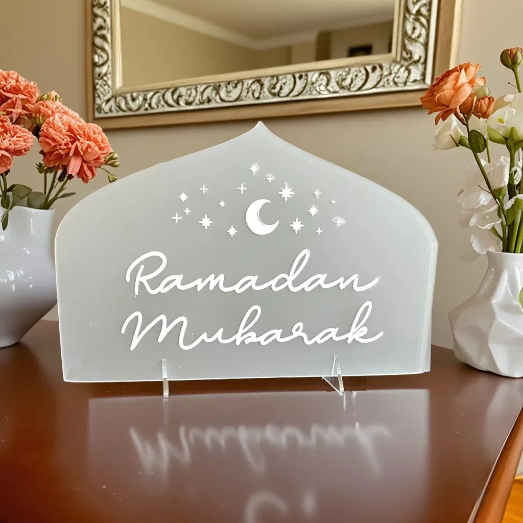 Engraved Ramadan Mubarak Acrylic Table Sign – Frosted White Islamic Home Decor