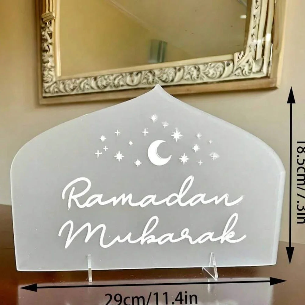 Engraved Ramadan Mubarak Acrylic Table Sign – Frosted White Islamic Home Decor