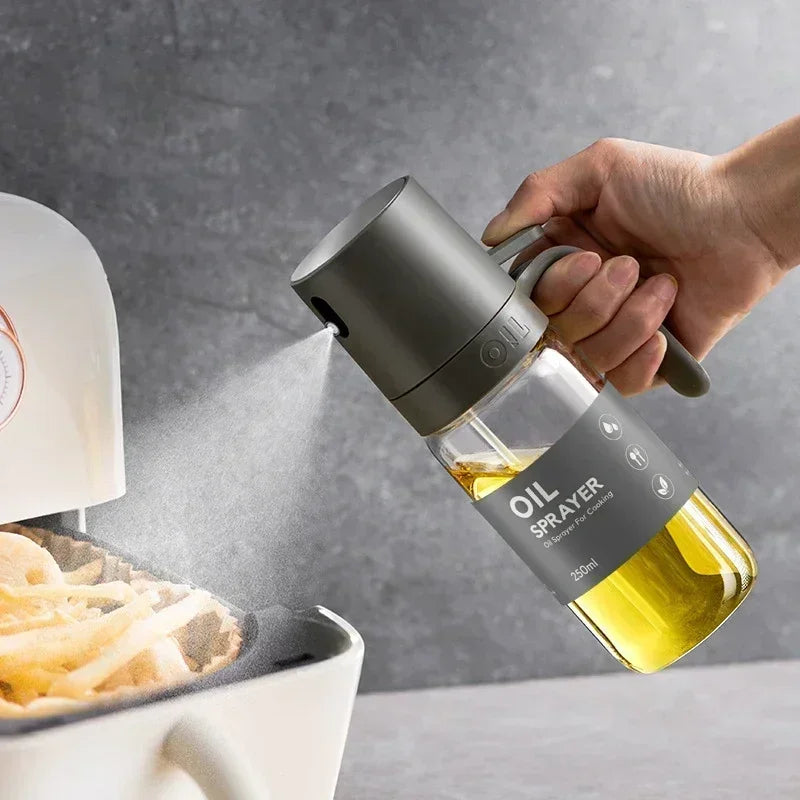 Full view of Silicone Oil Sprayer Bottle showing the sleek design and clear body. Perfect for air fryer cooking.