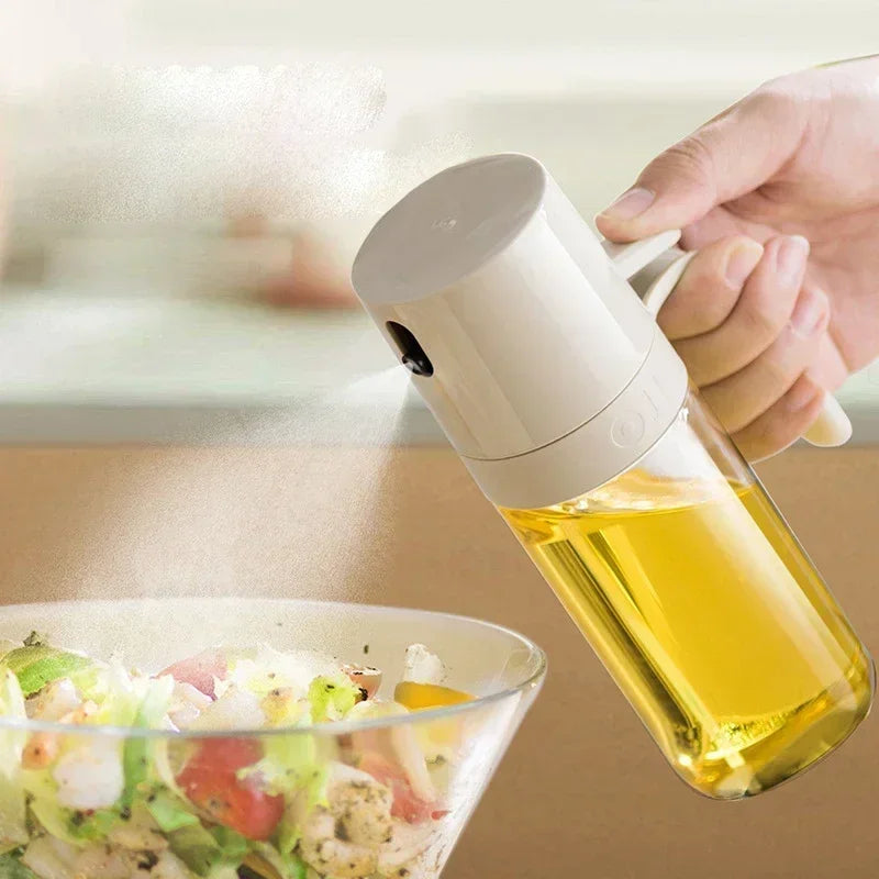 Silicone Oil Sprayer Bottle dispensing oil on food in an air fryer, ideal for healthy cooking.

