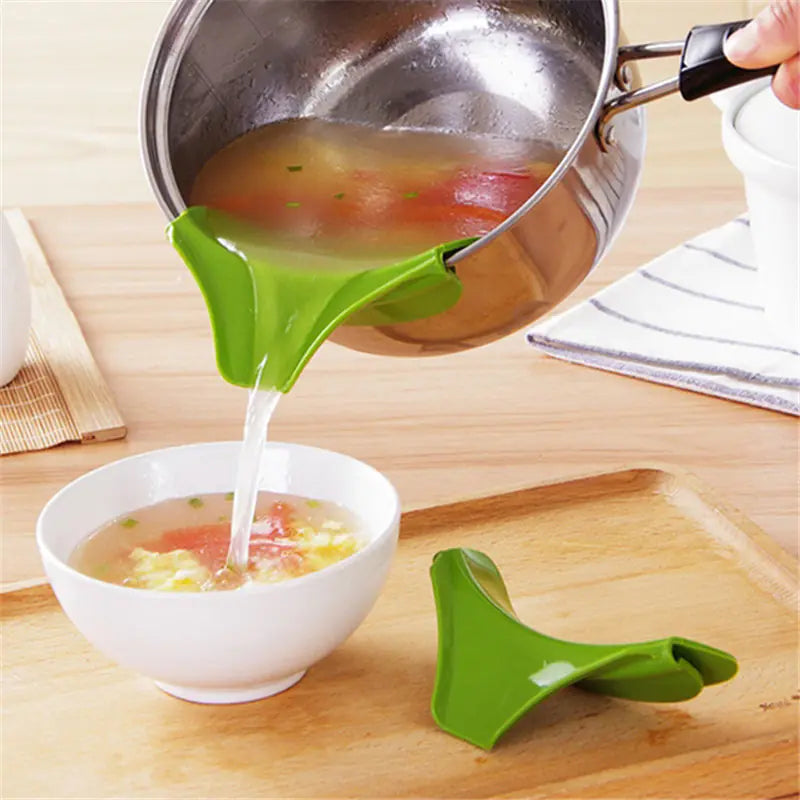 Silicone pour spout with kitchen tools, demonstrating ease of use and functionality.
