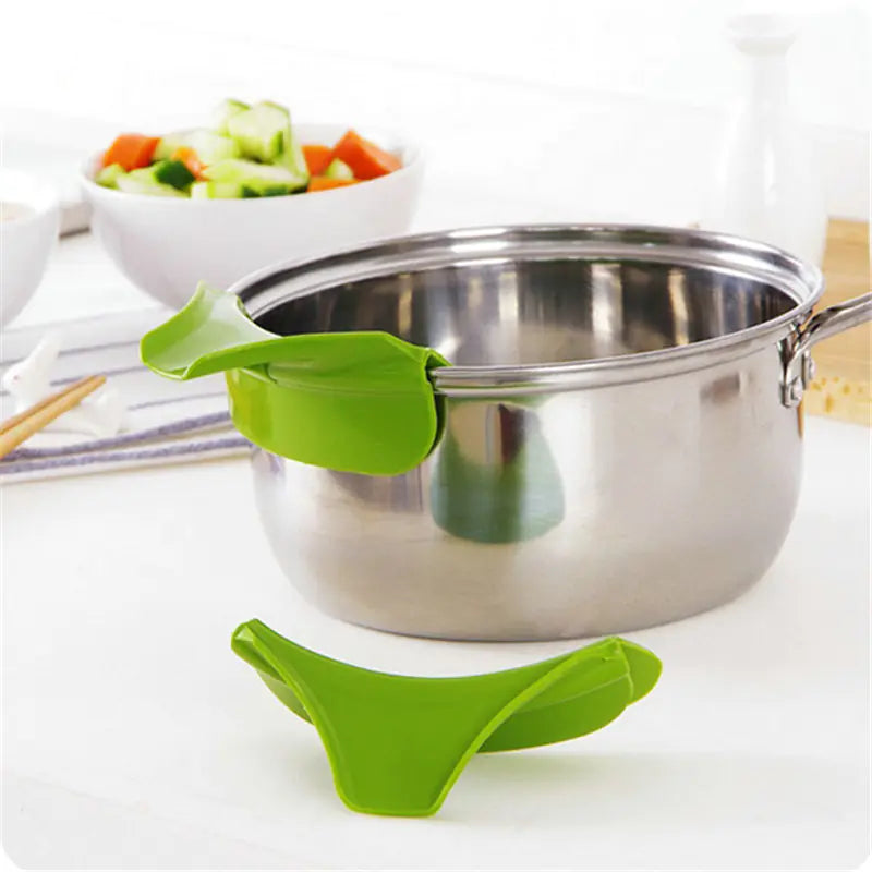 Silicone spill-proof pouring spout in action, pouring liquid into a bowl without spills.
