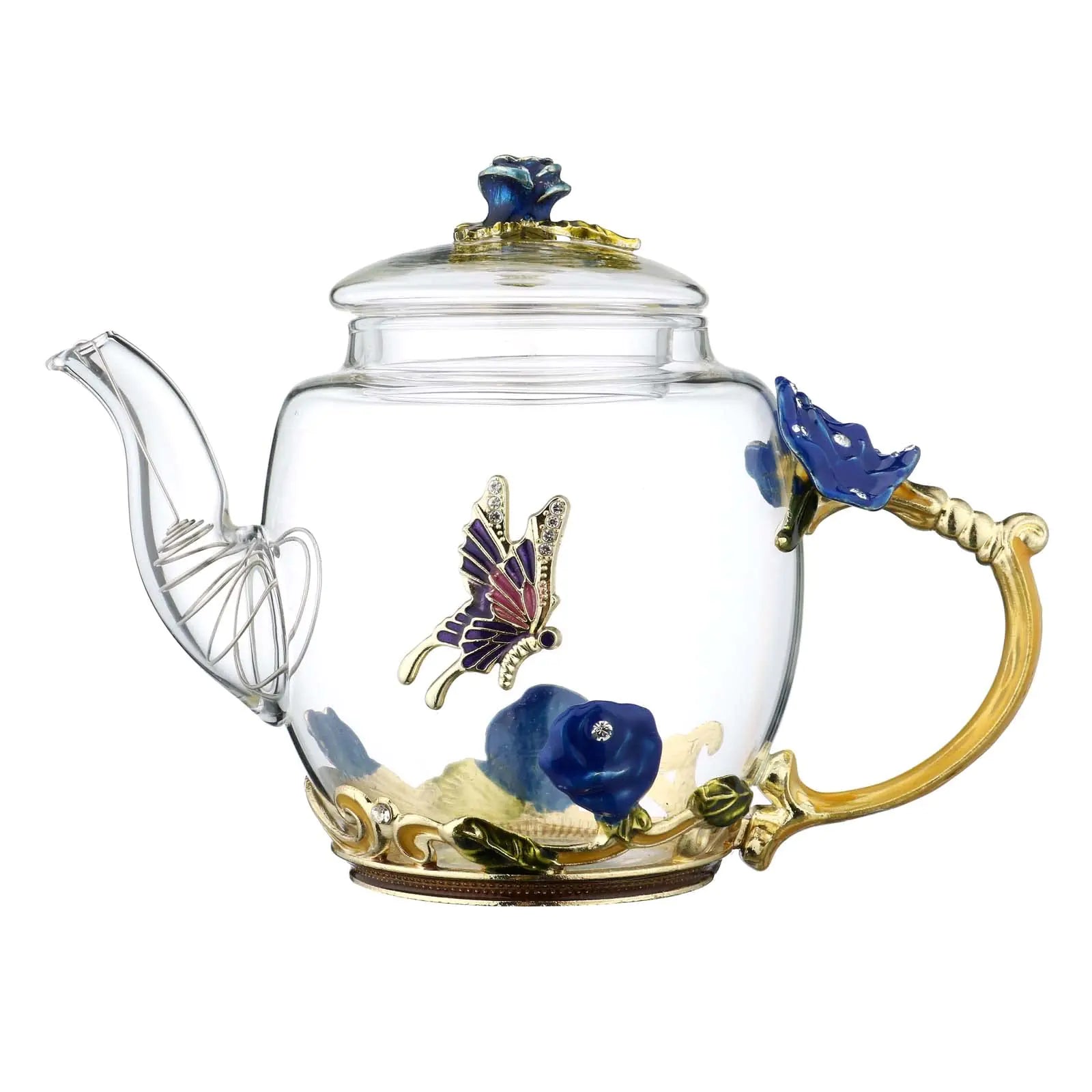 Safe Durable Floral Glass Teapot with Gold Leaves Edge Colourful Flower Pattern