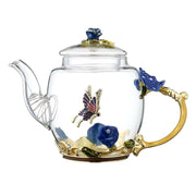 Safe Durable Floral Glass Teapot with Gold Leaves Edge Colourful Flower Pattern