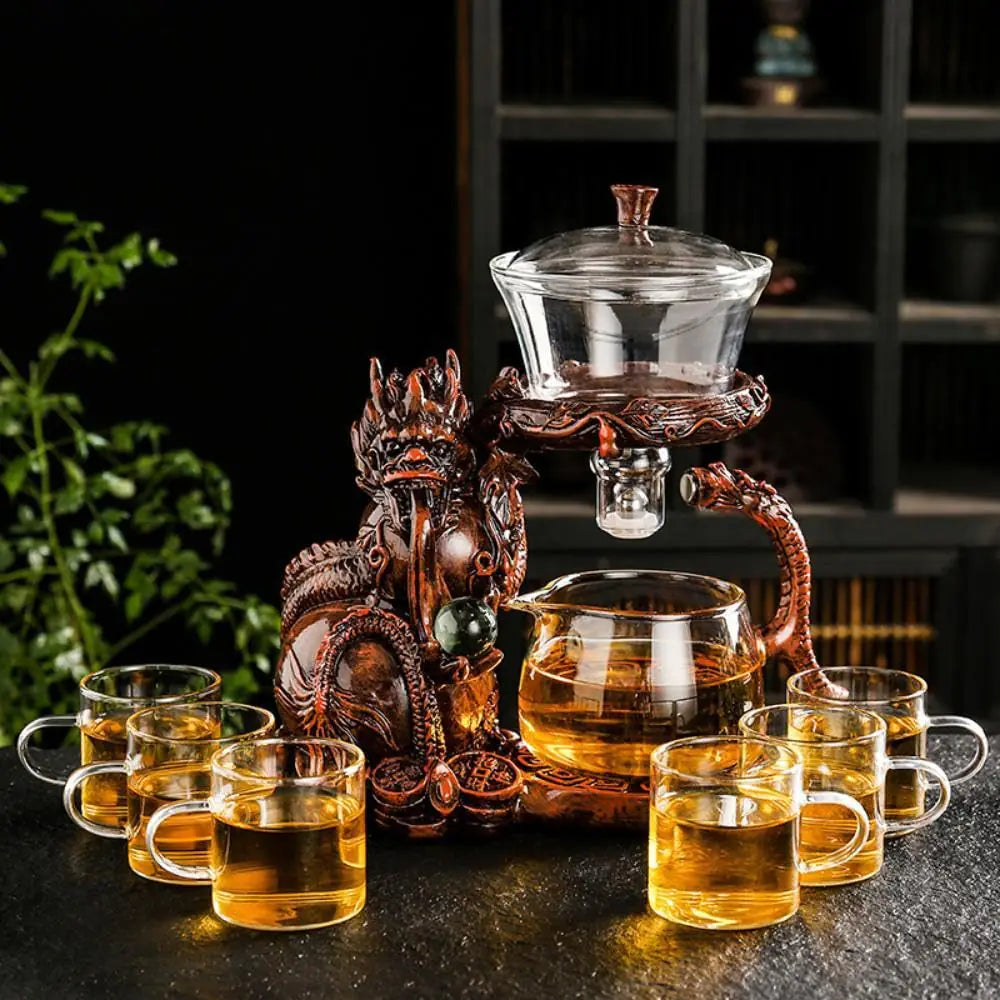 Glass Teapot Set with Infuser Semi Automatic Dragon Tea Set with 6 Small Cups