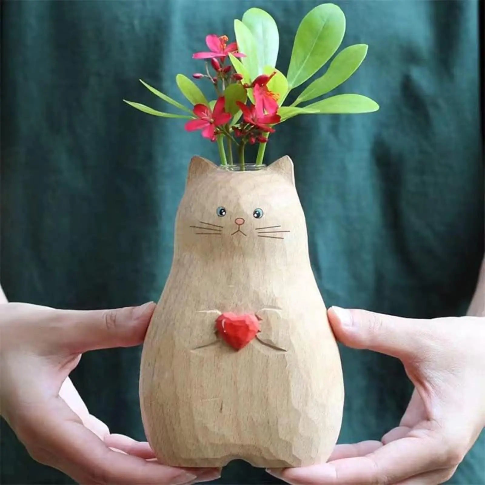 Handmade Wooden Cat Vase - Creative Craft Decor