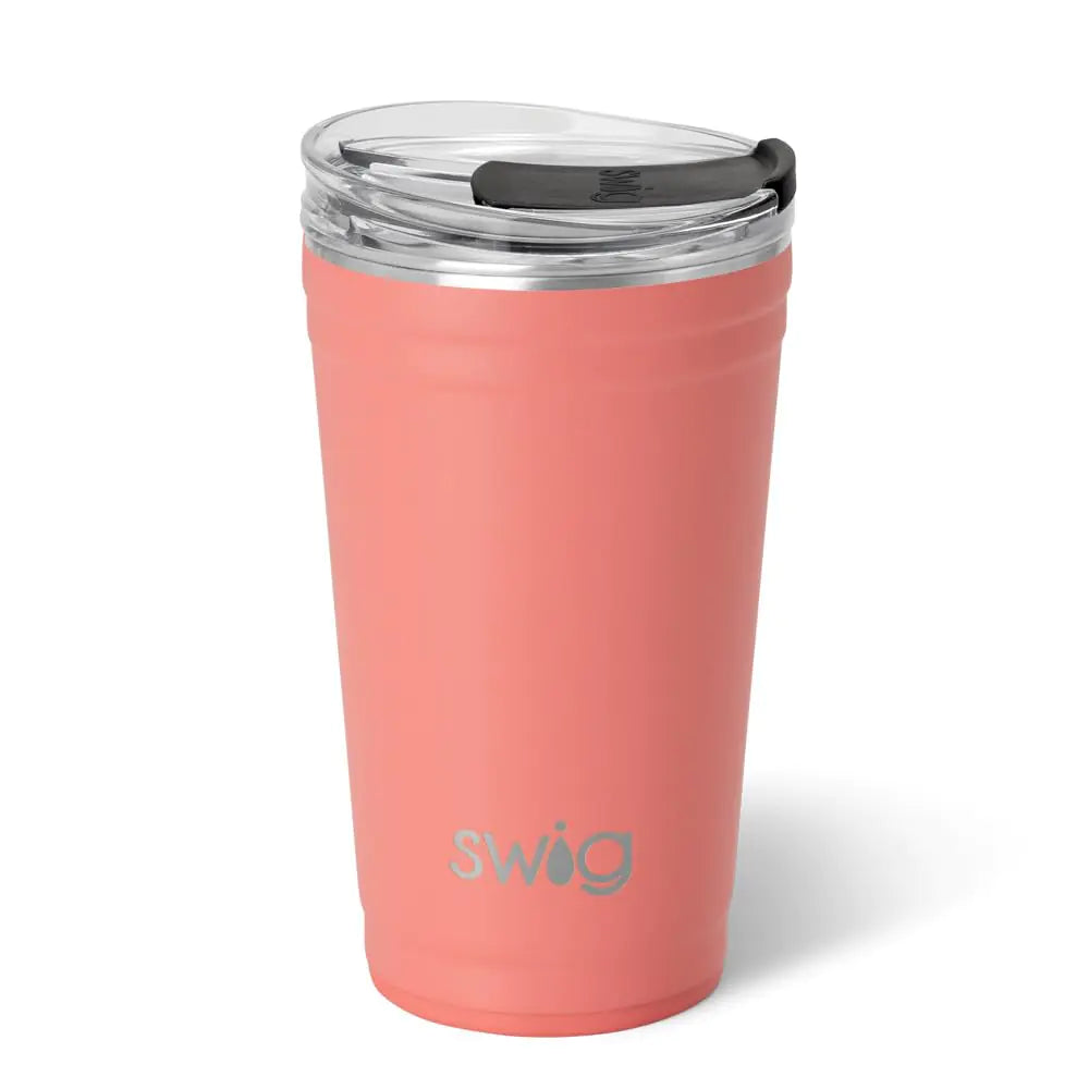 Swig Life 24oz Party Cup Stackable Insulated Travel Coffee Tumbler with EZ Slider Lid Cup Holder Friendly Travel Thermos Stainless Steel 24 oz Tumbler Reusable Coffee Mug (Coral)