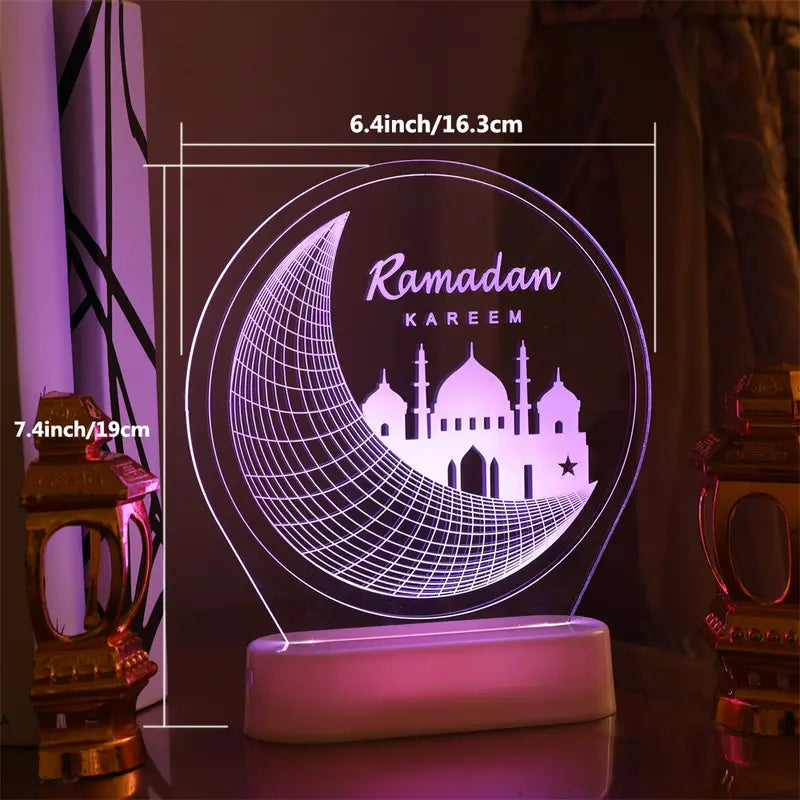 3D Illusion Ramadan Mubarak LED Night Light with Remote – Crescent & Mosque Decor