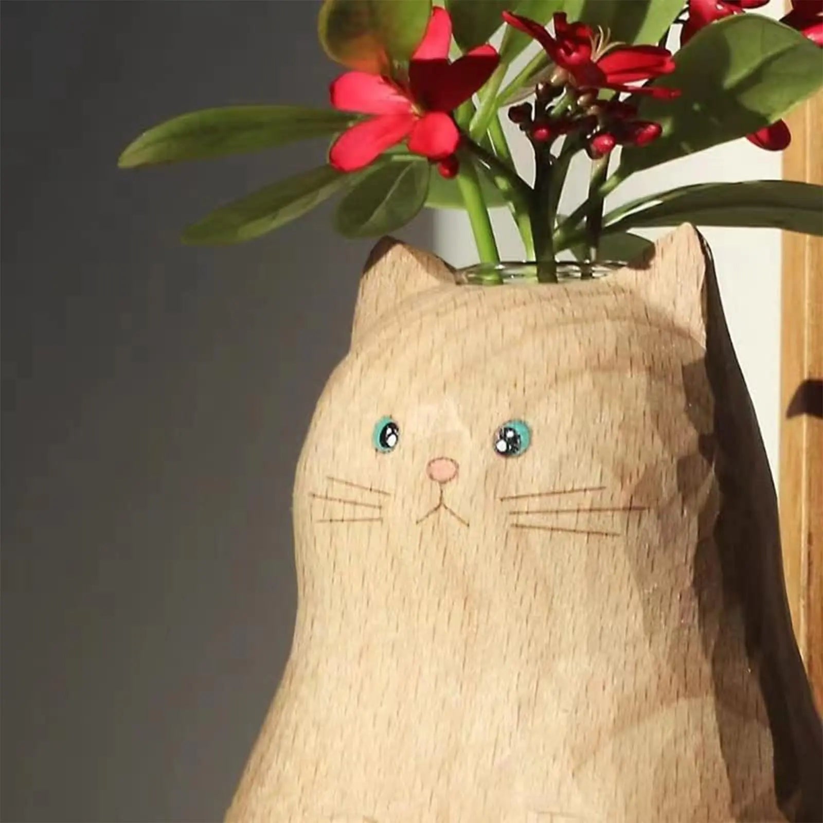 Handmade Wooden Cat Vase - Creative Craft Decor